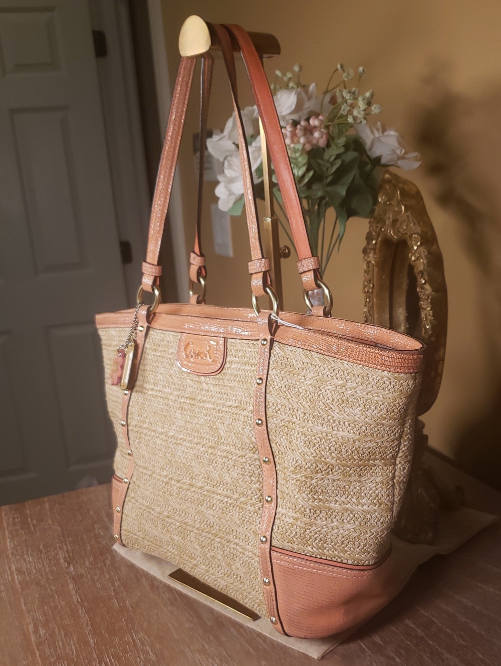 Coach Alexandra Straw Studded Tote Coral Leather w/ Flower Charm (Retail $398) - Picture 4 of 15